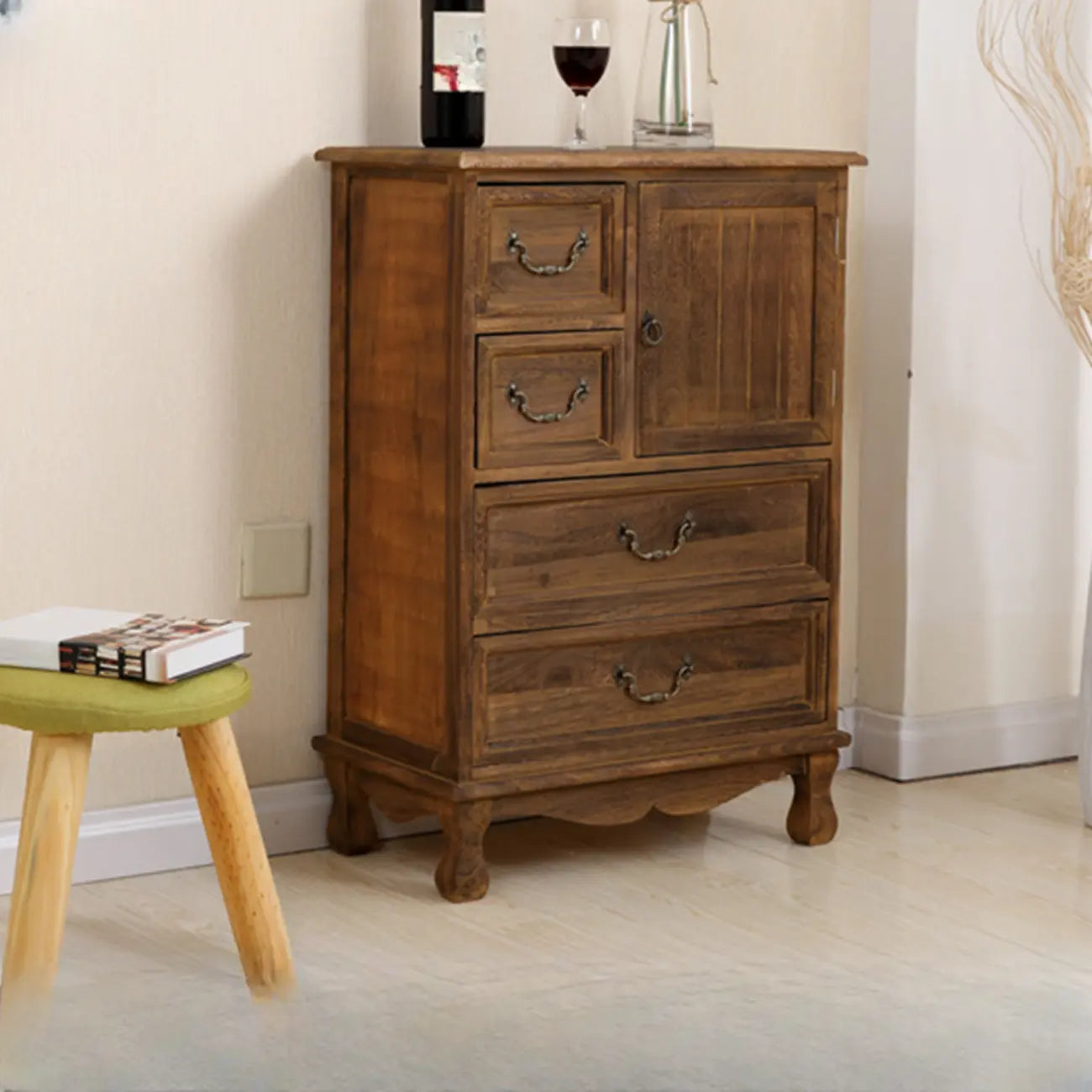 Rustic Wooden Yellow Storage Cabinet with Drawer Rings