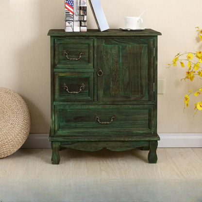 Rustic Wooden Yellow Storage Cabinet with Drawer Rings