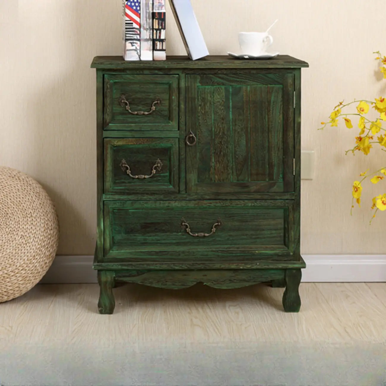 Rustic Wooden Yellow Storage Cabinet with Drawer Rings
