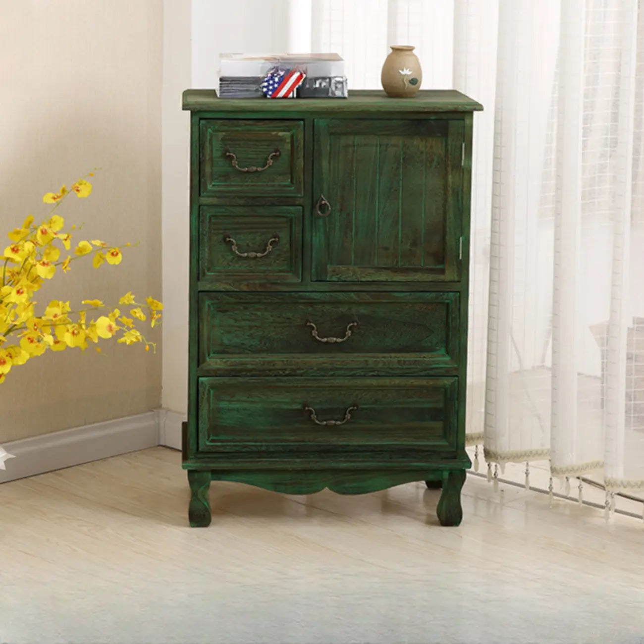 Rustic Wooden Yellow Storage Cabinet with Drawer Rings