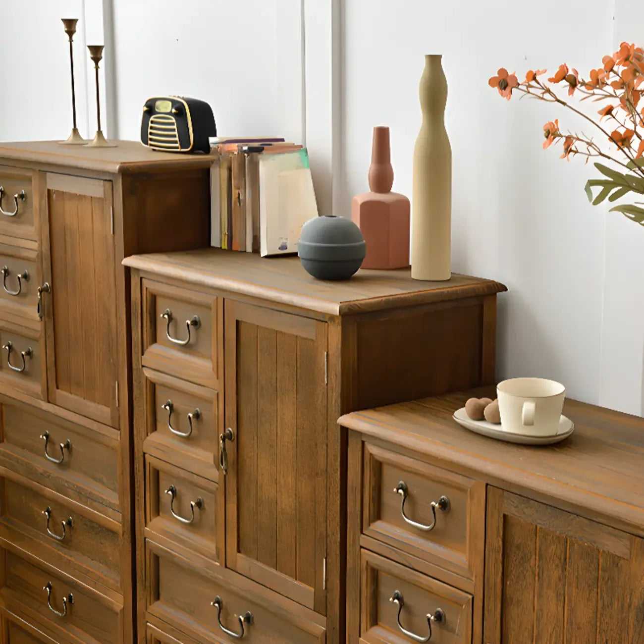 Rustic Wooden Yellow Storage Cabinet with Drawer Rings