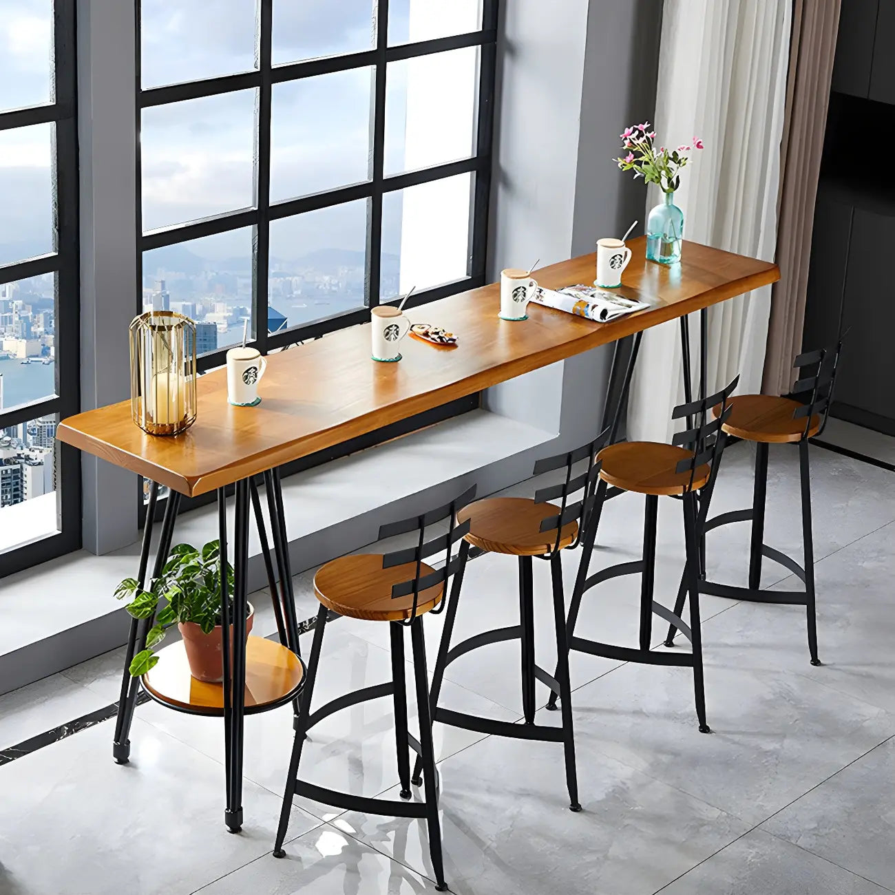 Elegant Solid Wood Bar Set with Stylish Stools for Home