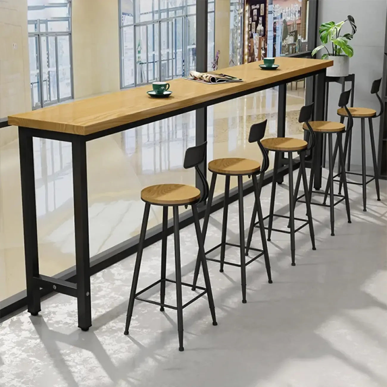 Vintage Solid Wood Trestle Base Pub Table with Footrest