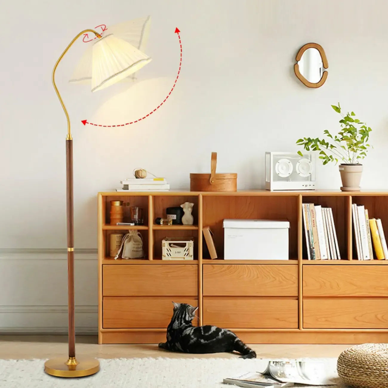 Natural Wooden Floor Lamps with Pleated Shade for Living Room
