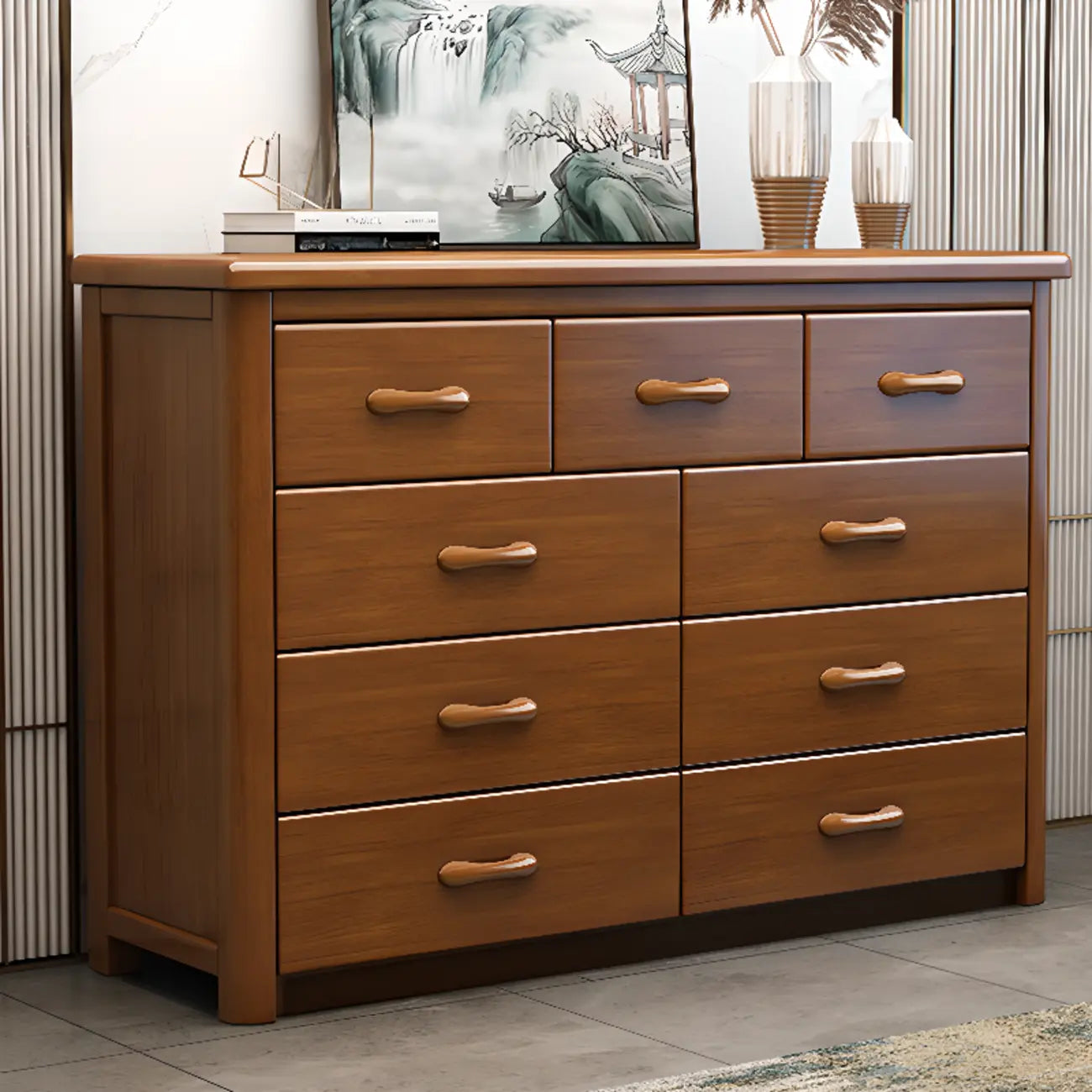 Classic Rubberwood Double Dresser with 9-Drawers