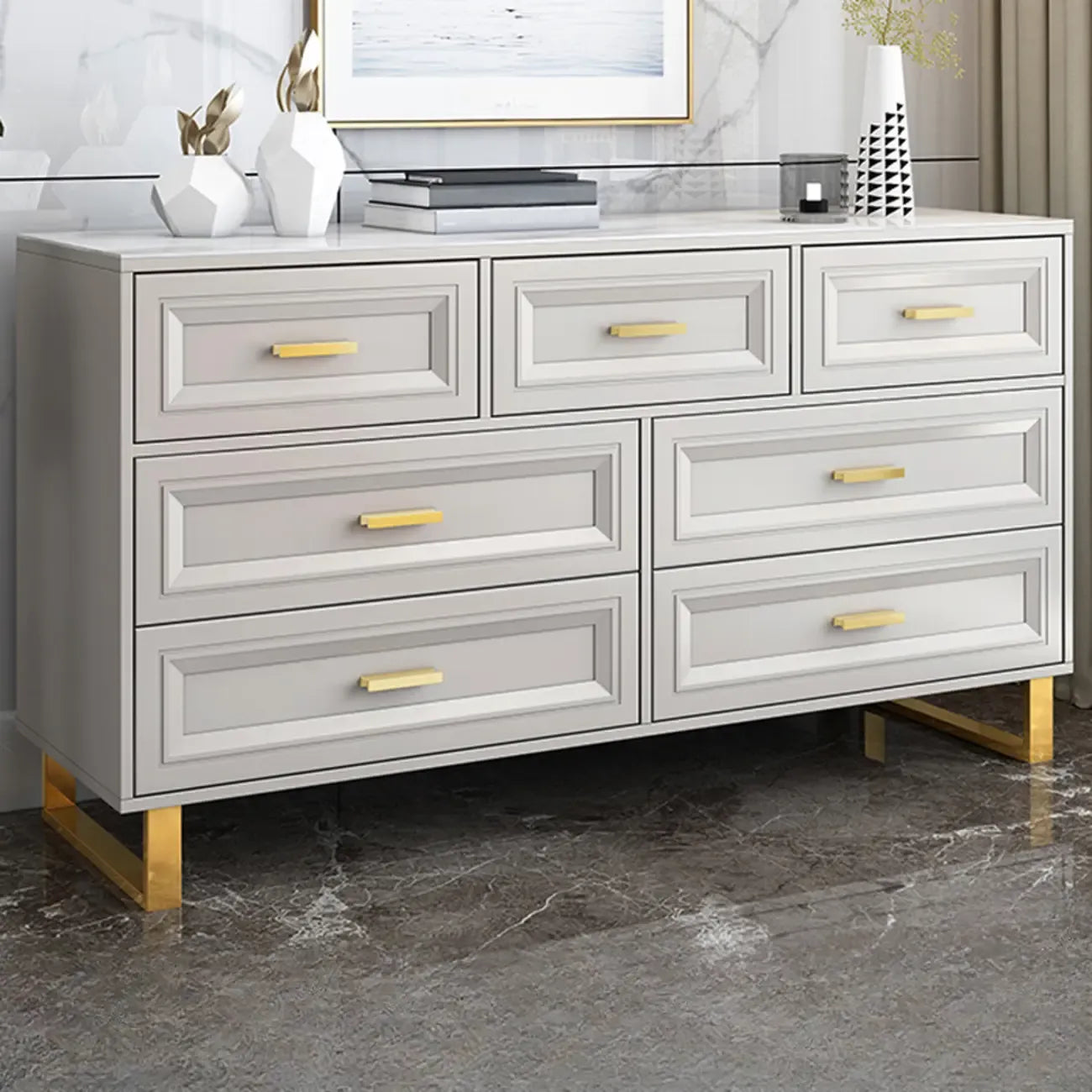Glam Grey Wooden Combo Dresser with 7-Drawers