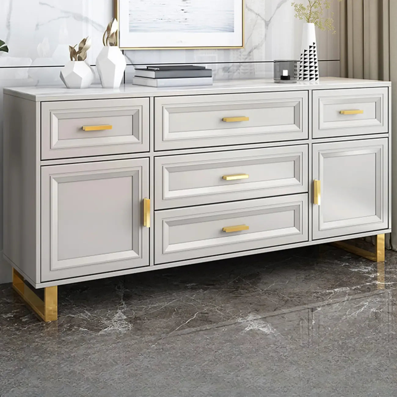 Glam Grey Wooden Combo Dresser with 7-Drawers
