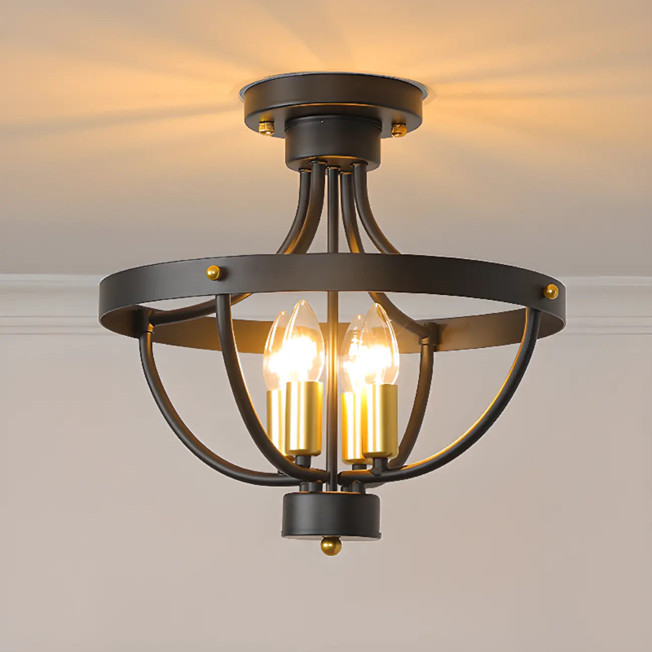 Industrial Cage-Shaped Semi-Flush Ceiling Light for Bedroom