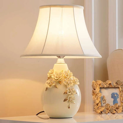 White Ceramic Ceramic Carved Table Lamp with Fabric Lampshade