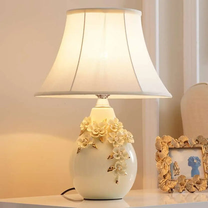 White Ceramic Ceramic Carved Table Lamp with Fabric Lampshade