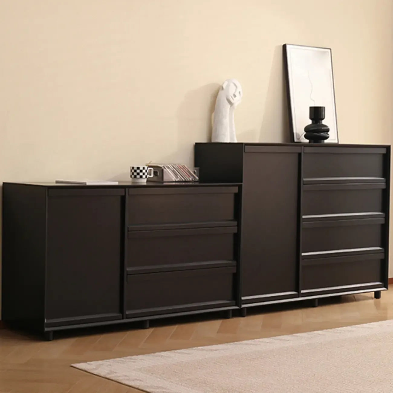 Industrial Wood Dresser with Drawers and Smooth Metal Rail