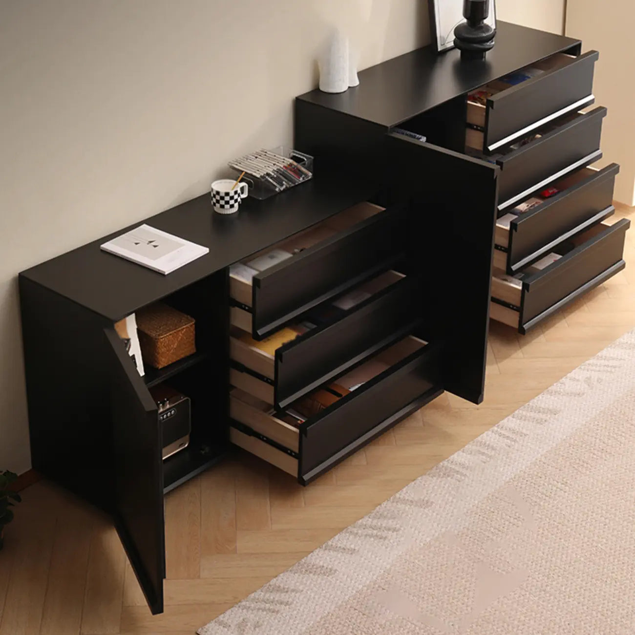 Industrial Wood Dresser with Drawers and Smooth Metal Rail
