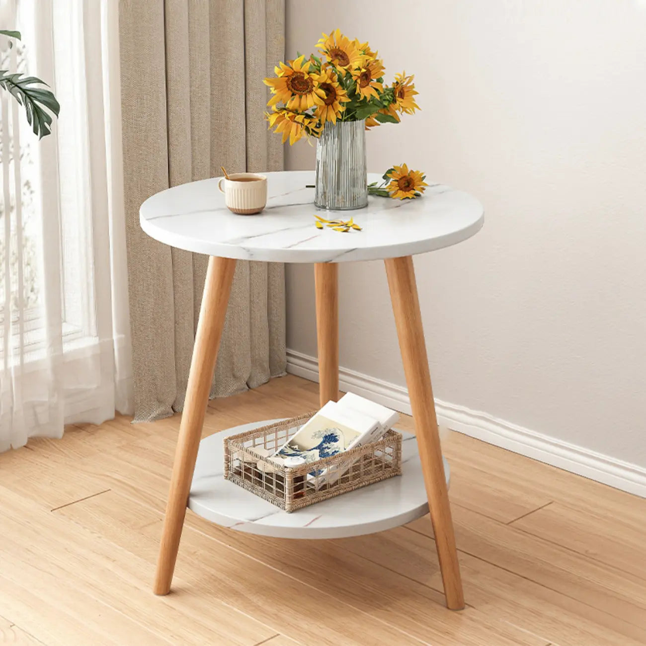 2-Tier Round Wood End Table for Living Room with Storage