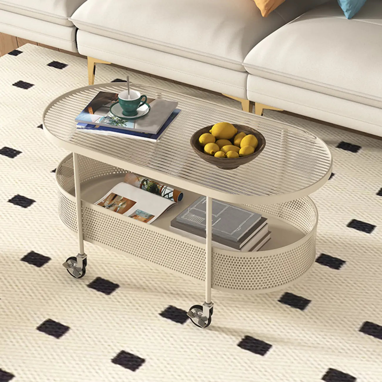 Modern Metal Oval Coffee Table with Storage & Wheels