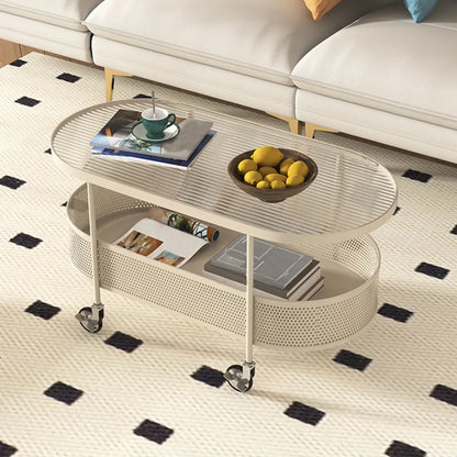 Modern Metal Oval Coffee Table with Storage & Wheels