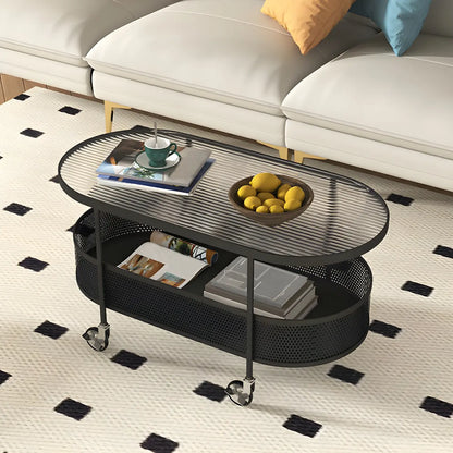 Modern Metal Oval Coffee Table with Storage & Wheels