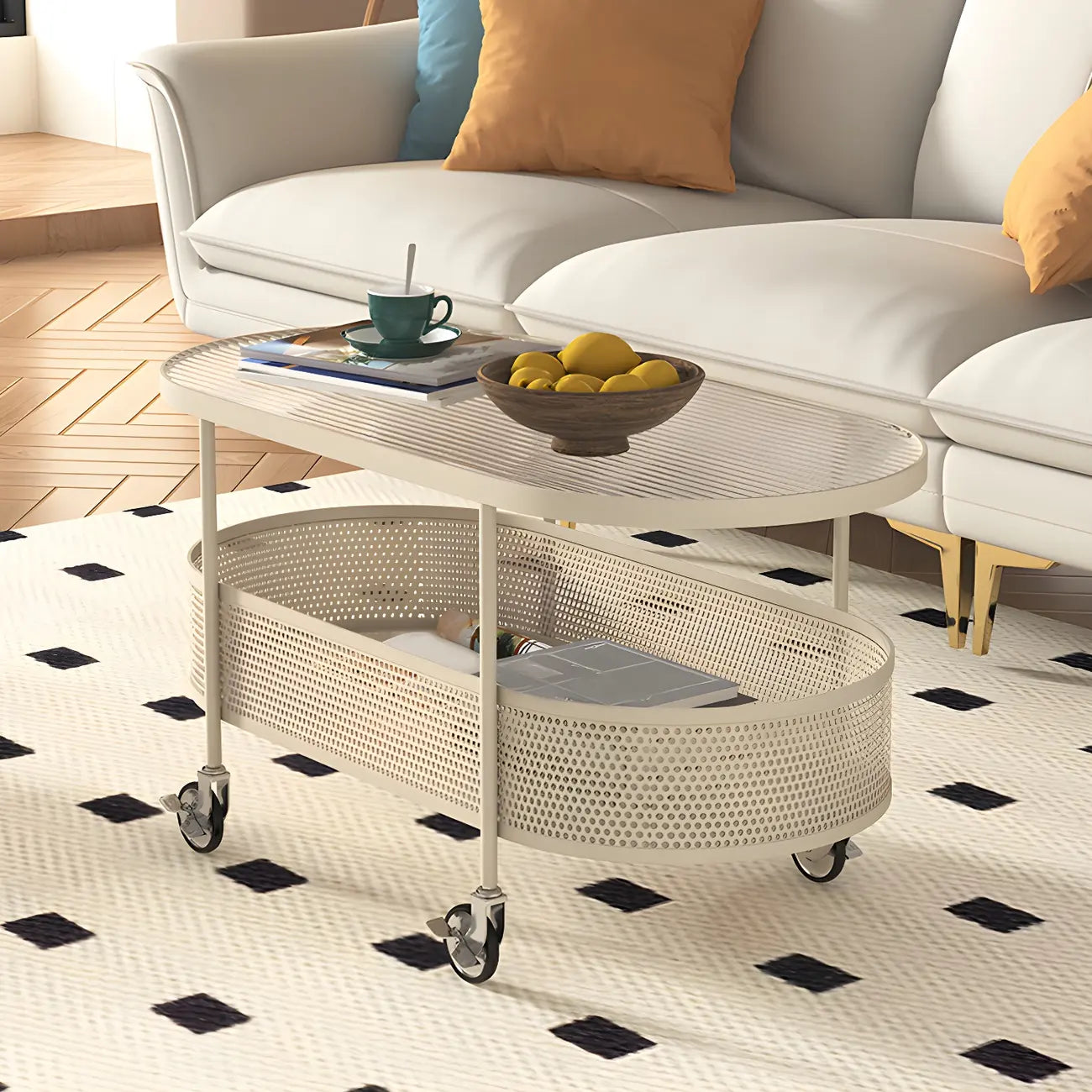 Modern Metal Oval Coffee Table with Storage & Wheels