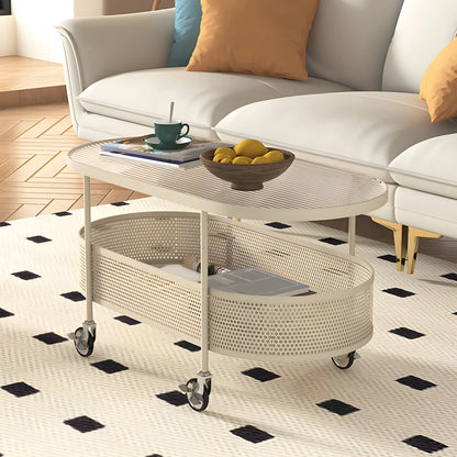 Modern Metal Oval Coffee Table with Storage & Wheels