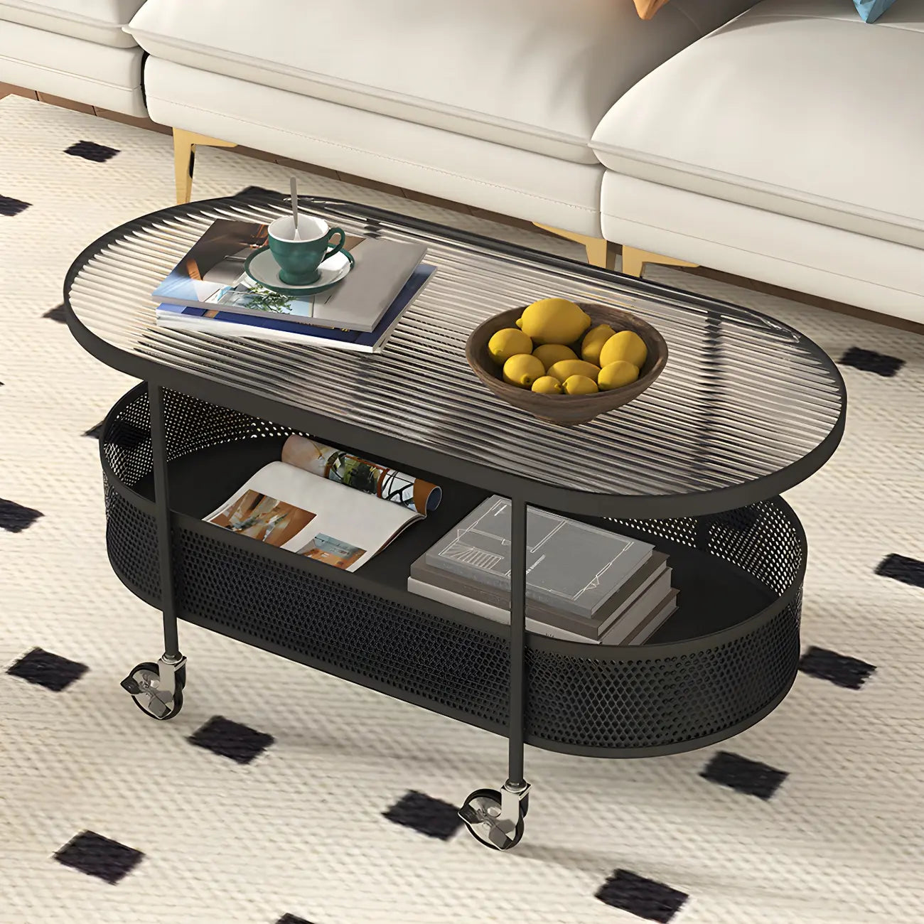 Modern Metal Oval Coffee Table with Storage & Wheels
