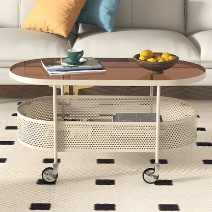 Modern Metal Oval Coffee Table with Storage & Wheels