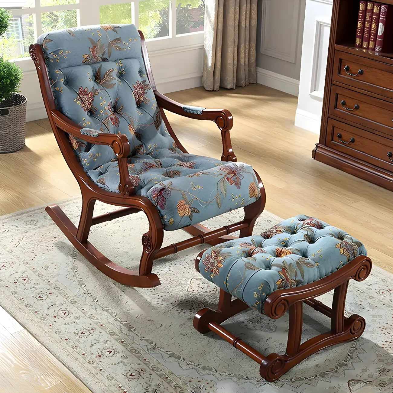Vintage Upholstered Rocking Chair with Ottoman for Living Room