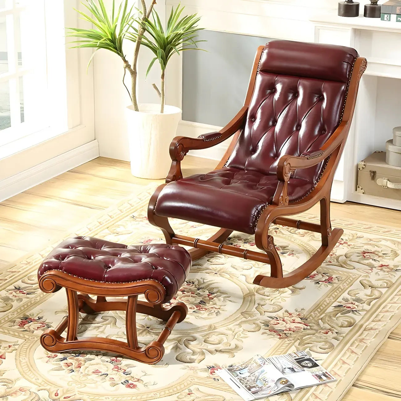 Vintage Upholstered Rocking Chair with Ottoman for Living Room