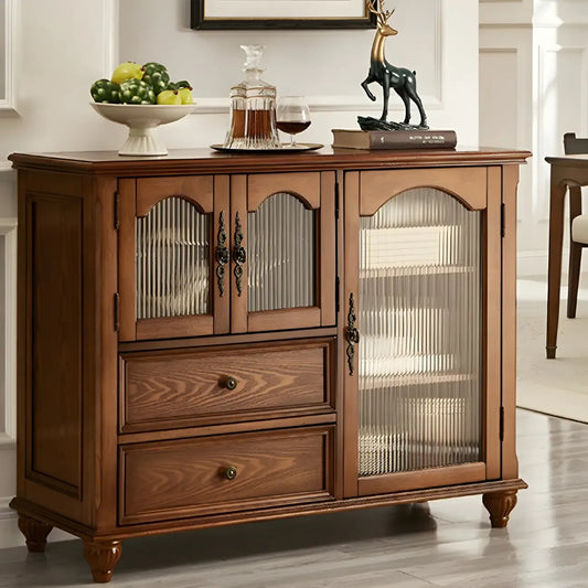 Traditional Wooden Sideboard with Glass Doors and Cabinets