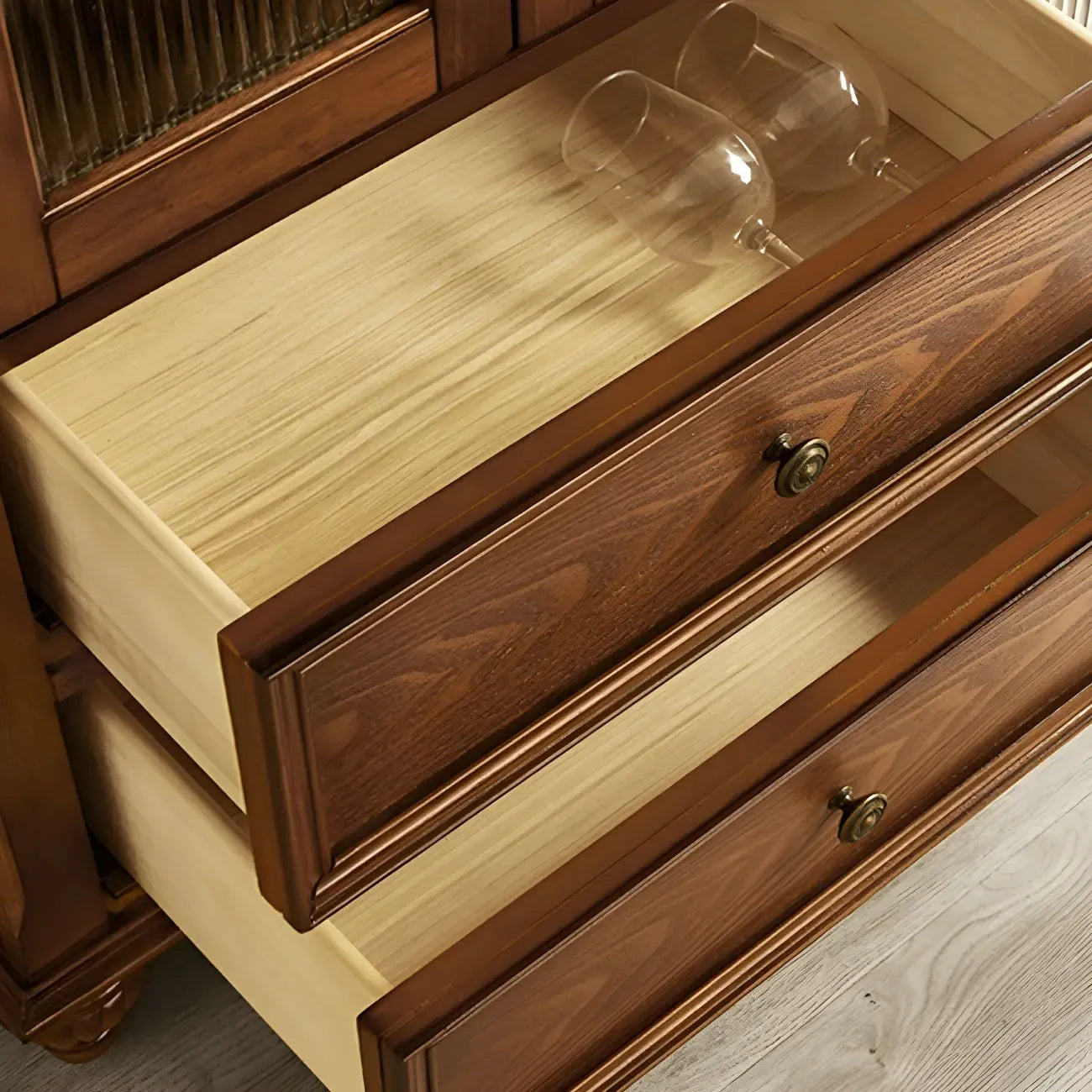 Traditional Wooden Sideboard with Glass Doors and Cabinets