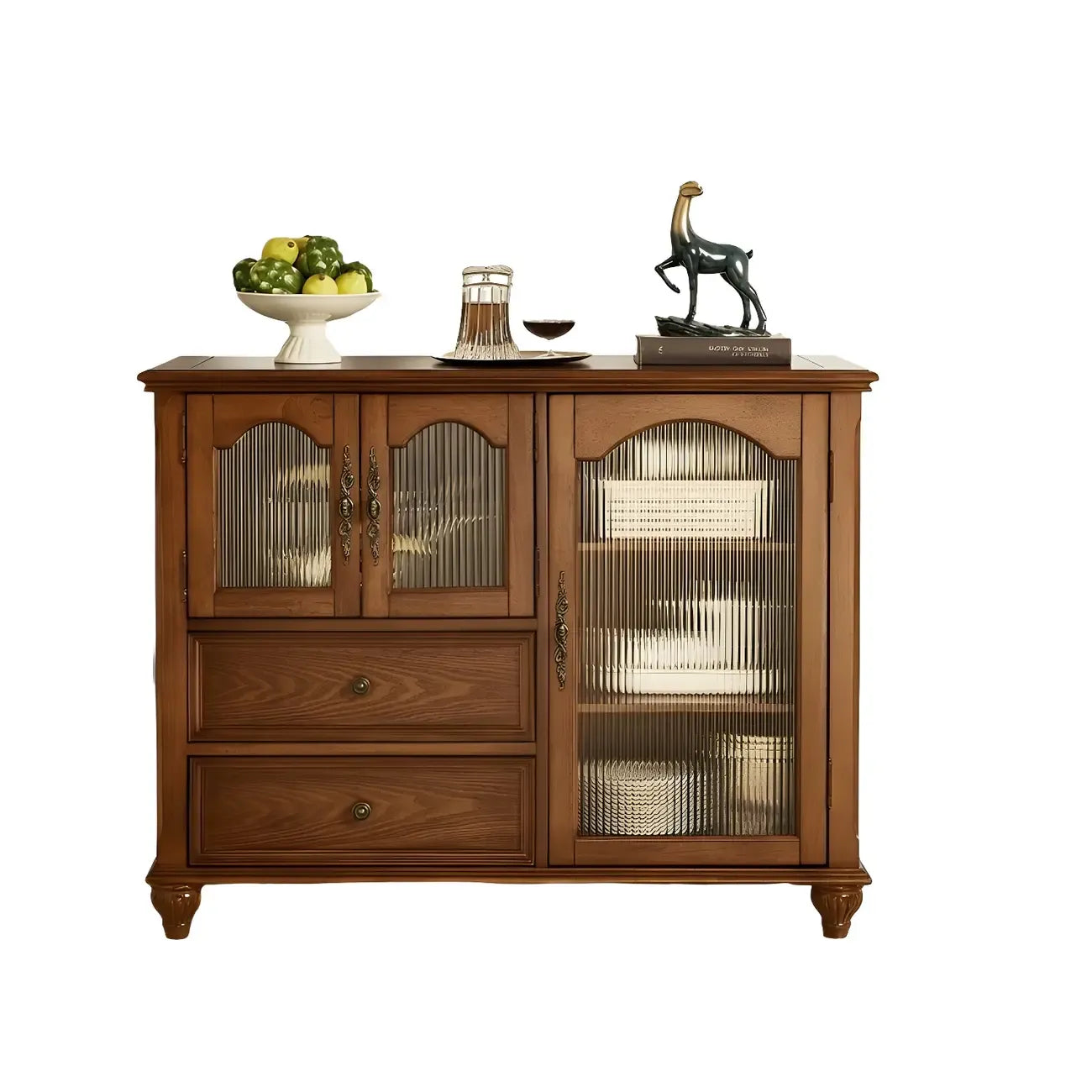 Traditional Wooden Sideboard with Glass Doors and Cabinets