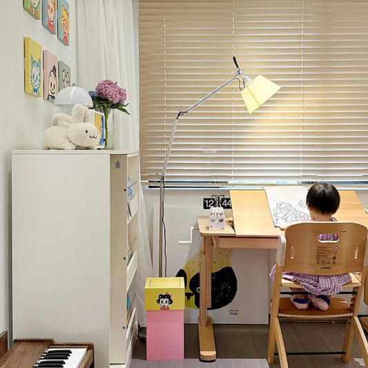 Adjustable Silver Swing Arm Floor Lamp with Fabric Drum Shade