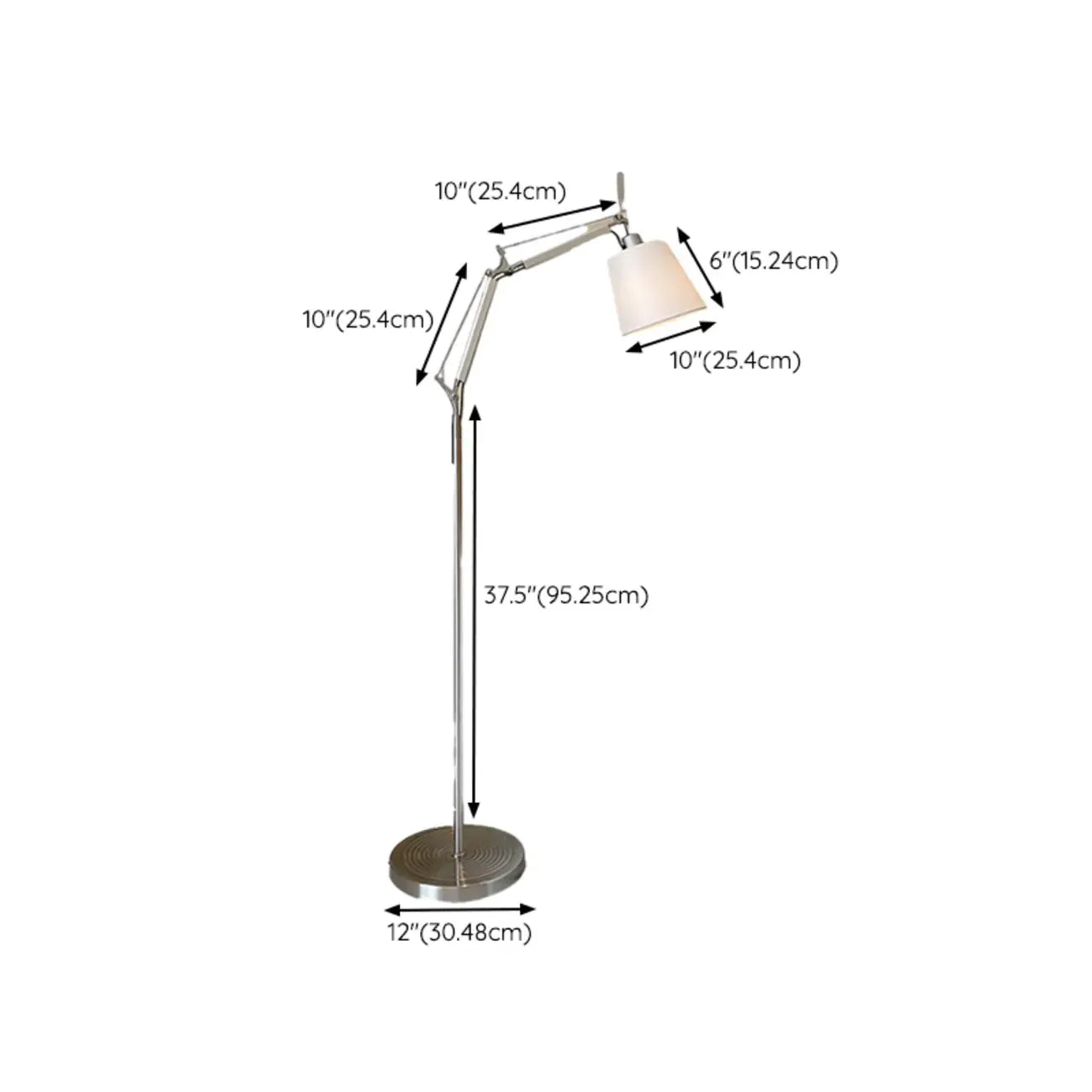 Adjustable Silver Swing Arm Floor Lamp with Fabric Drum Shade