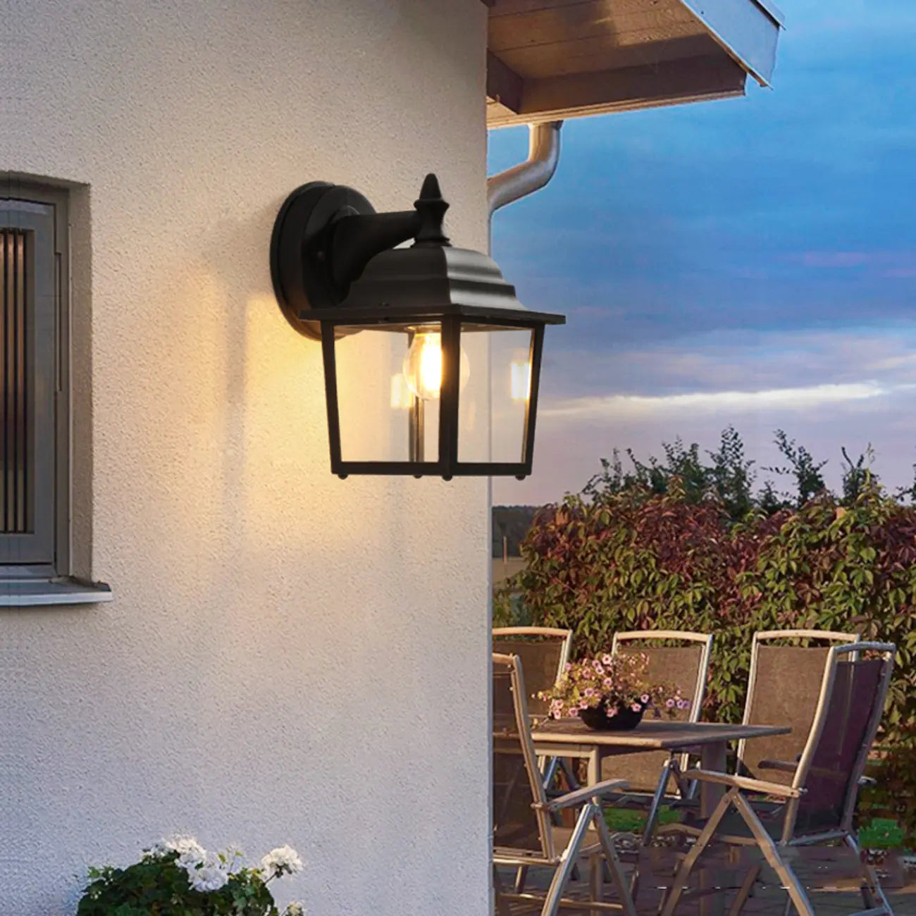 Classic Black Metal and Glass Lantern Wall Sconce Light