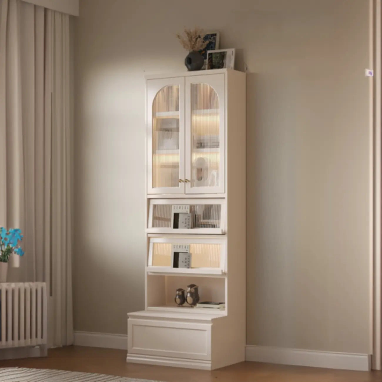 White Tall Wooden Floor Display Cabinet with Light