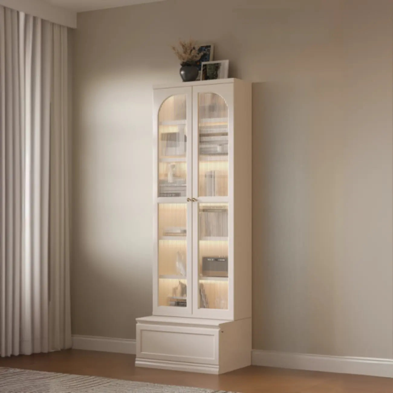 White Tall Wooden Floor Display Cabinet with Light