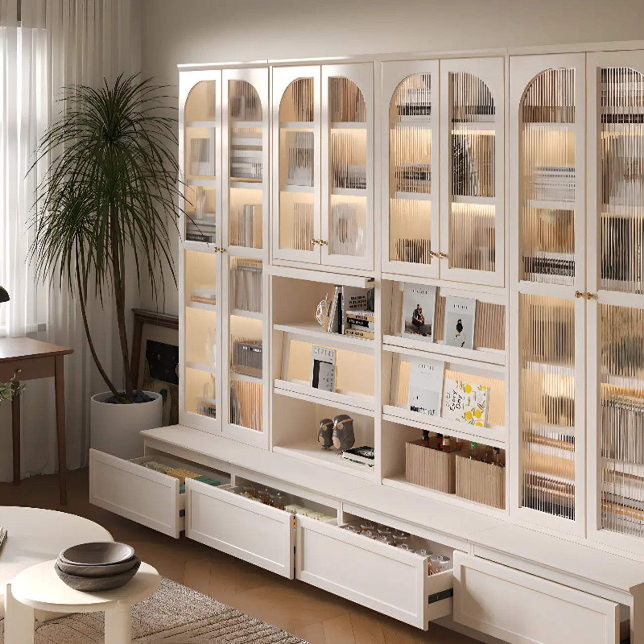 White Tall Wooden Floor Display Cabinet with Light