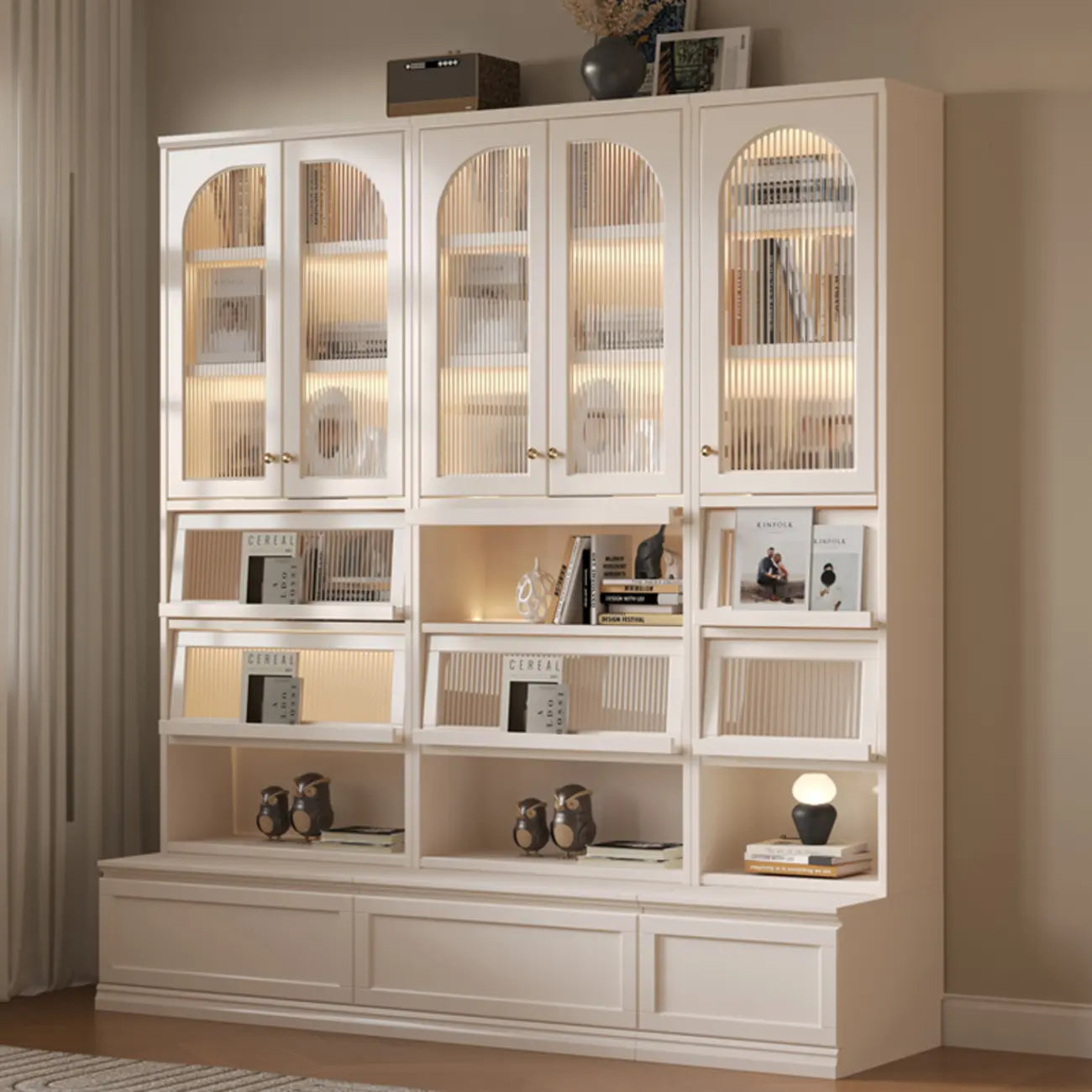 White Tall Wooden Floor Display Cabinet with Light