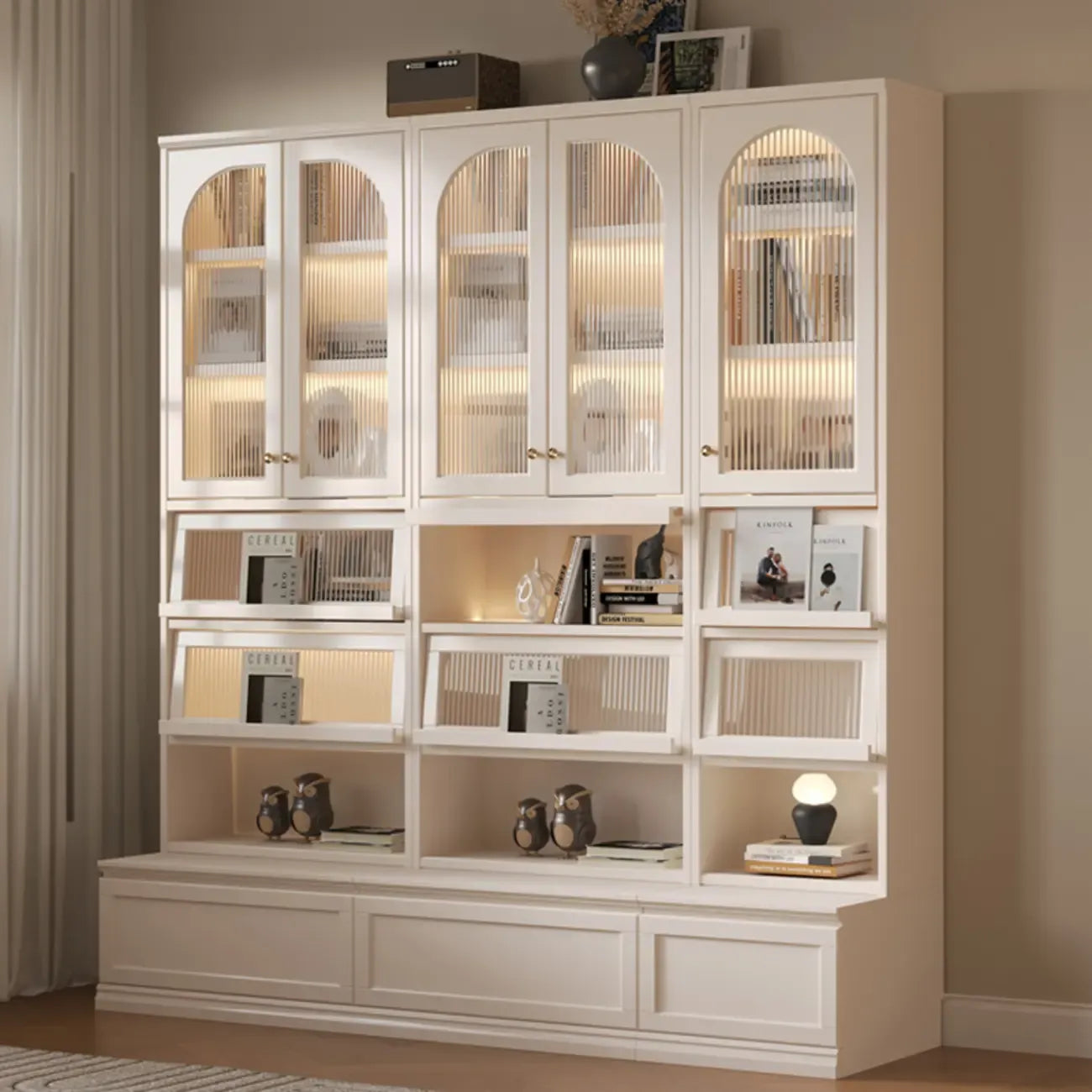 White Tall Wooden Floor Display Cabinet with Light