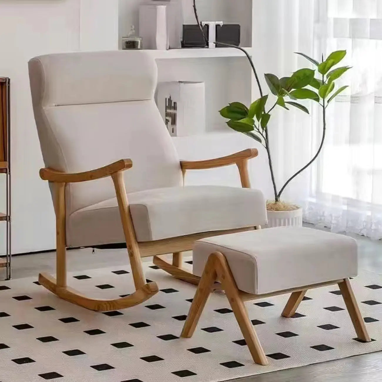 Modern Wood Upholstered Rocking Chair with Optional Ottoman