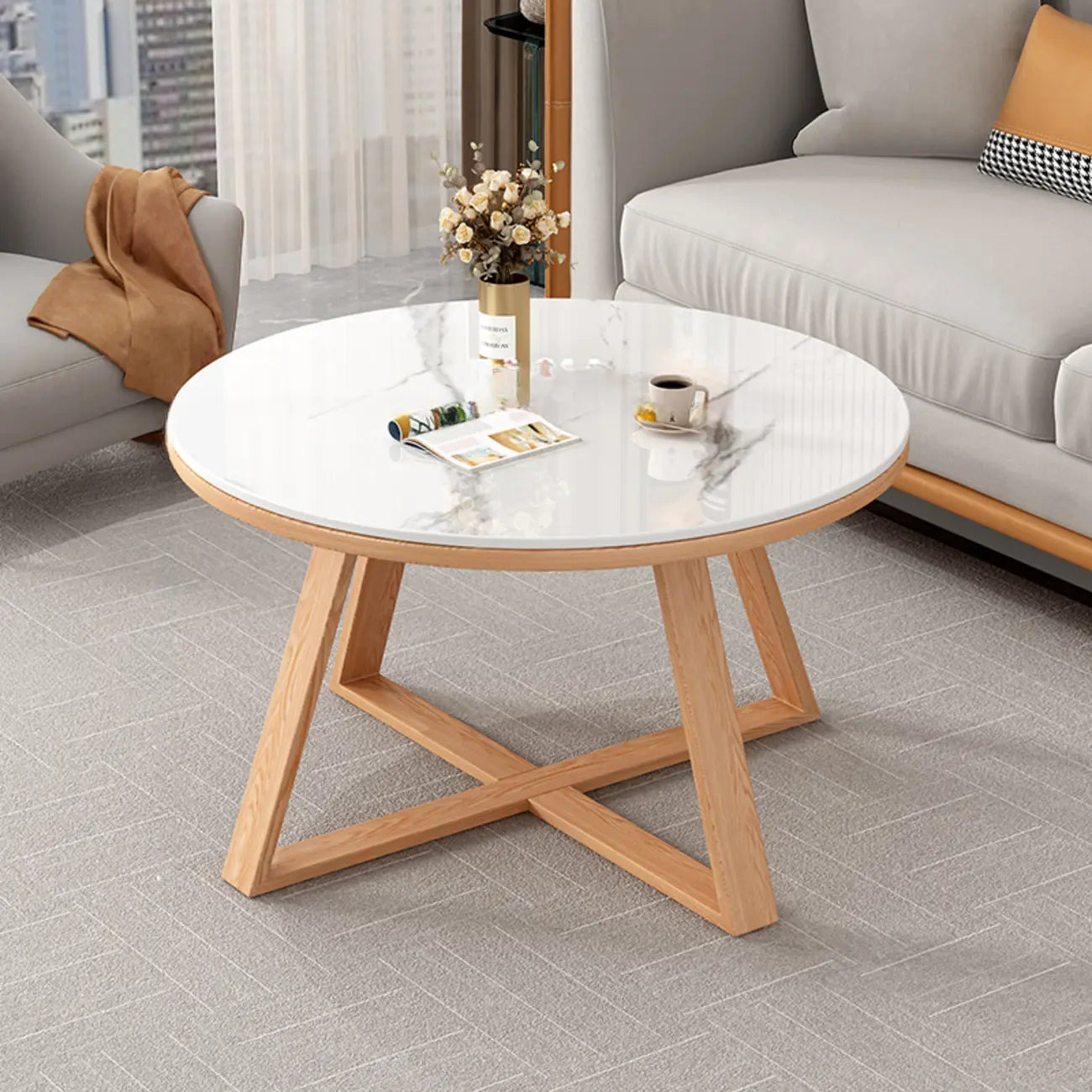 Modern Marble Round 2 Nesting Coffee Table Set with Wood Base