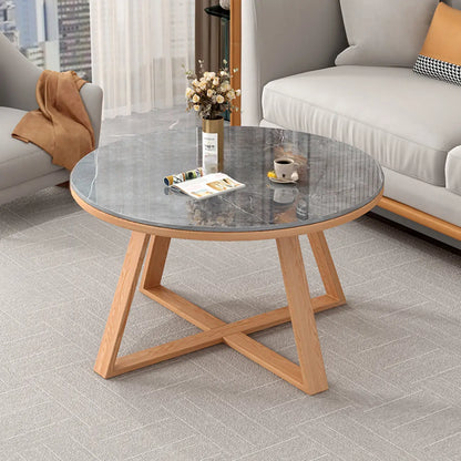 Modern Marble Round 2 Nesting Coffee Table Set with Wood Base