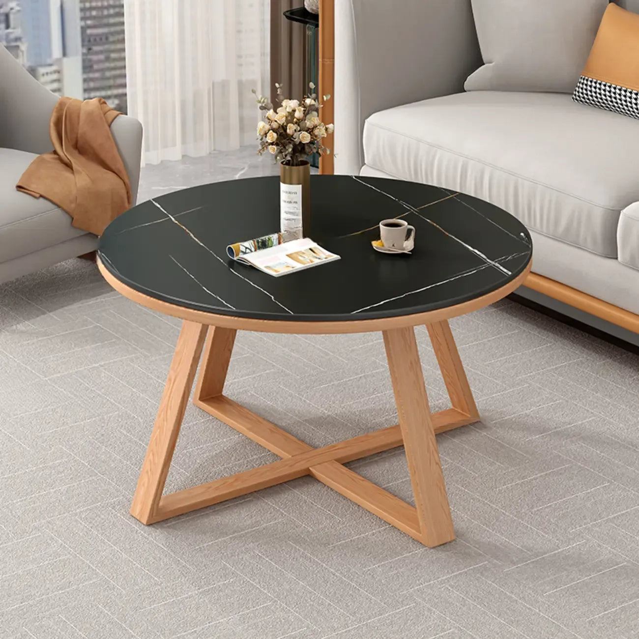 Modern Marble Round 2 Nesting Coffee Table Set with Wood Base