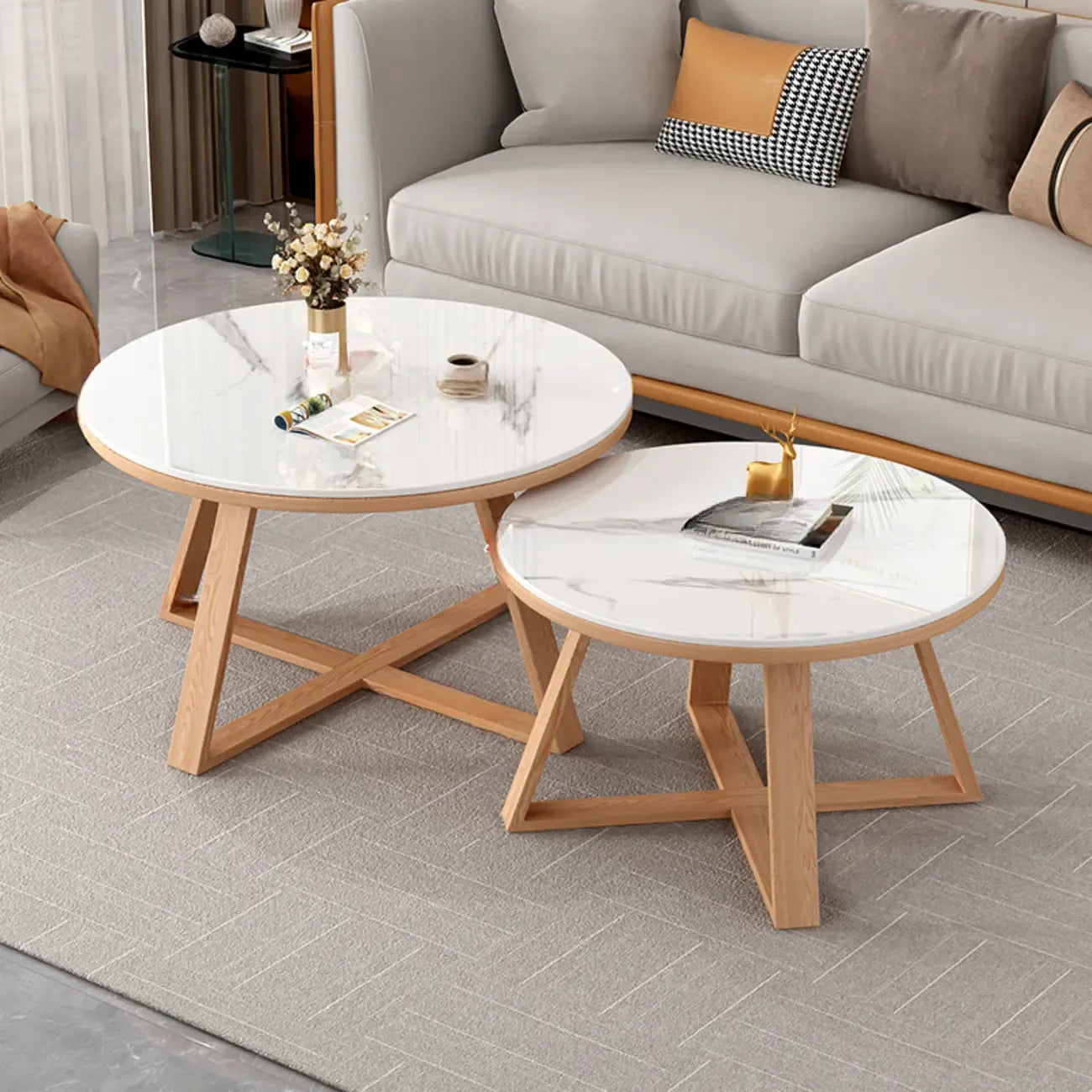 Modern Marble Round 2 Nesting Coffee Table Set with Wood Base
