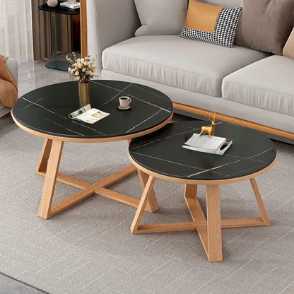 Modern Marble Round 2 Nesting Coffee Table Set with Wood Base