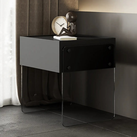 Modern Black Wood Nightstand with Glass Legs Drawer Storage