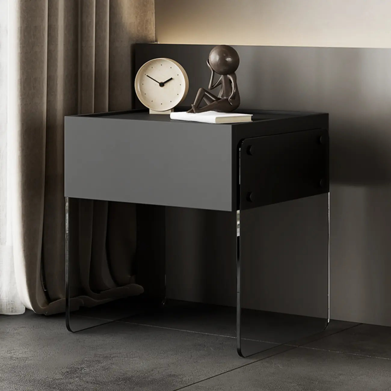 Modern Black Wood Nightstand with Glass Legs Drawer Storage