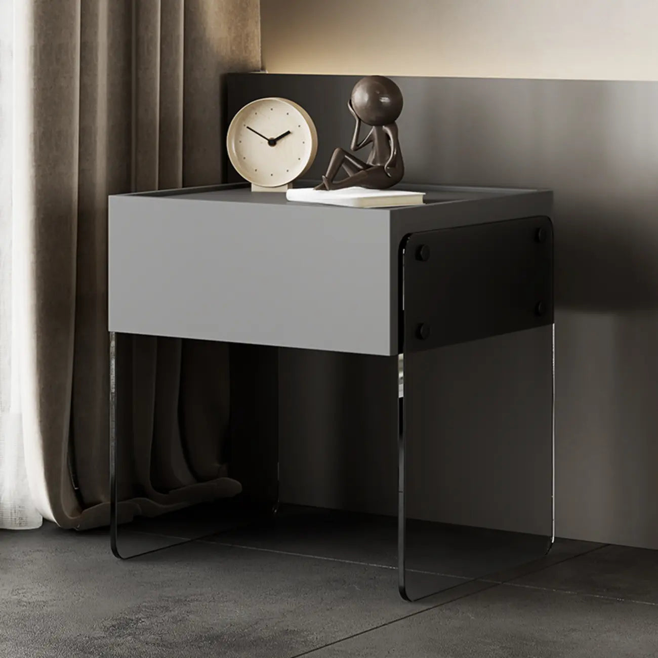 Modern Black Wood Nightstand with Glass Legs Drawer Storage