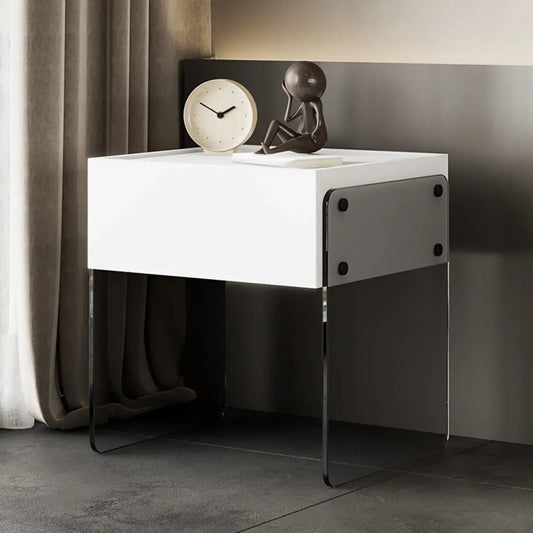 Modern Black Wood Nightstand with Glass Legs Drawer Storage