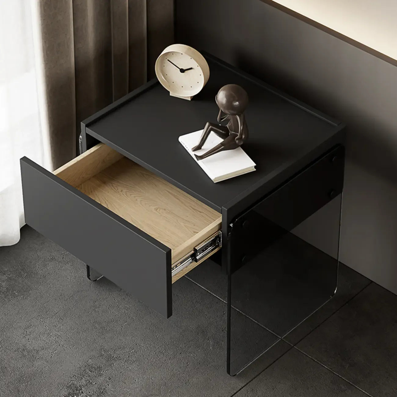 Modern Black Wood Nightstand with Glass Legs Drawer Storage