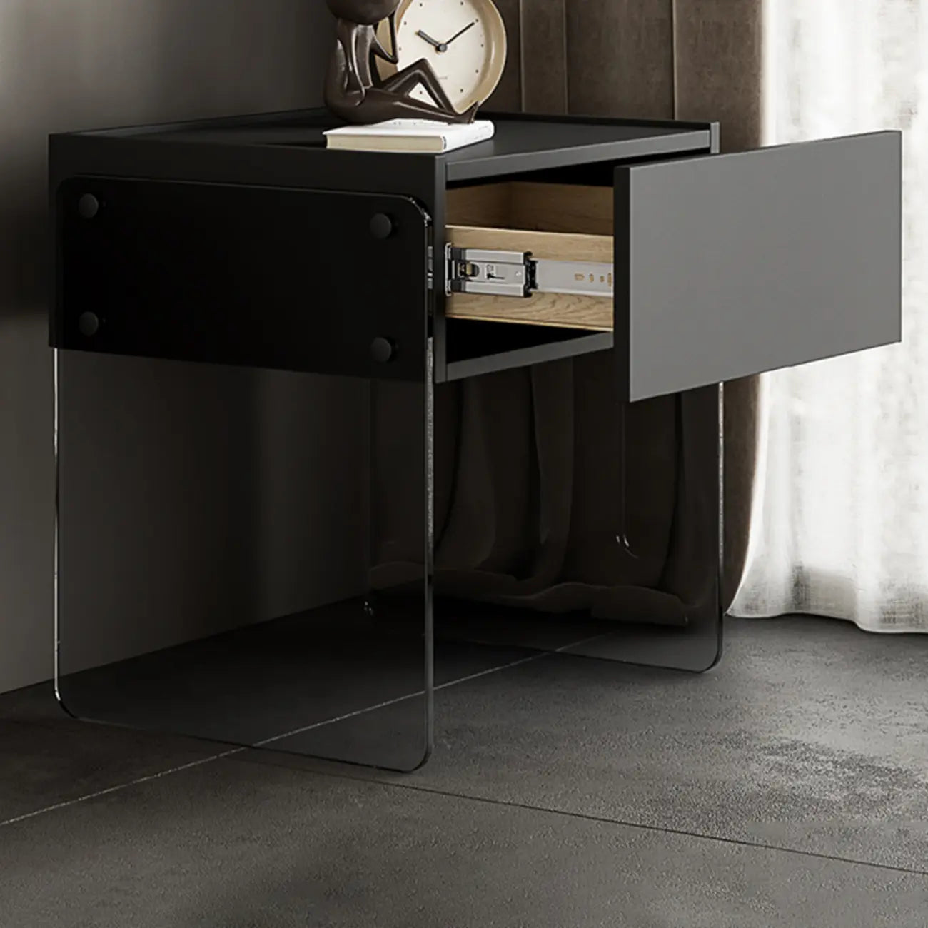 Modern Black Wood Nightstand with Glass Legs Drawer Storage