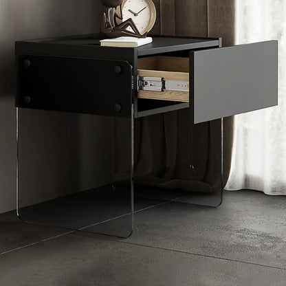 Modern Black Wood Nightstand with Glass Legs Drawer Storage